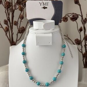 YMI 12” plus Choker,Turquoise & silvertone beads,Western,casual,dressy